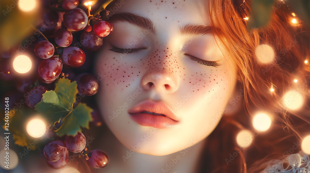 Redhead Woman Sleeping with Grapes and Lights Redhead Woman Sleeping with Grapes and Lights