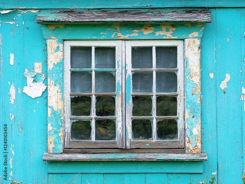Weathered window on a teal building showing peeling paint and rustic charm in a close up view Weathered window on a teal building showing peeling paint and rustic charm in a close up view