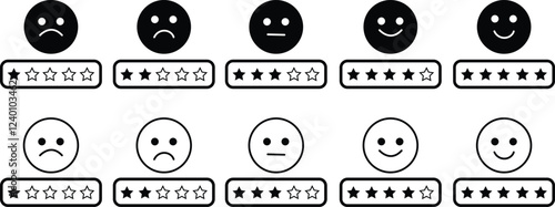 Rating Satisfaction icon set. vector of Emotion Smiles Excellent, Good, Normal, Not Good, Bed, Credit Rating and Service, Survey approval user rating star elements. isolated on transparent background