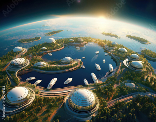 a photograph from earth view from space, futuristic organic white cities with big lakes and ships photo