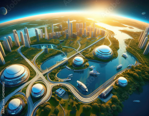 a photograph from earth view from space, futuristic organic white cities with big lakes and ships photo