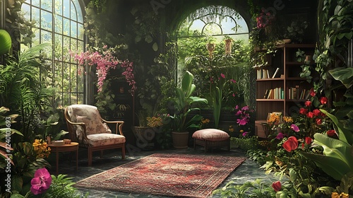 A Luxurious Indoor Garden with a Chair and a Rug
