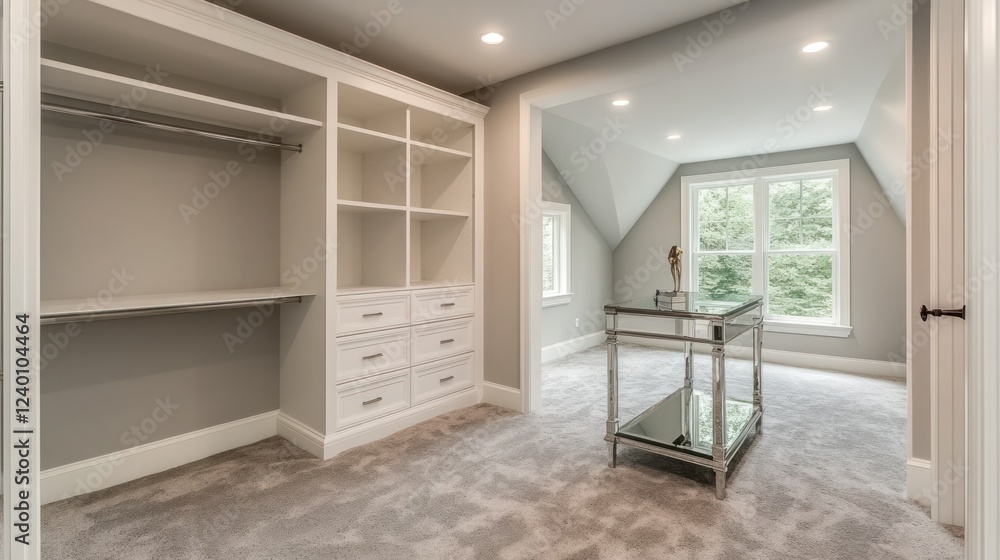 Obraz premium Spacious Walk-in Closet with Dressing Area and Natural Light
