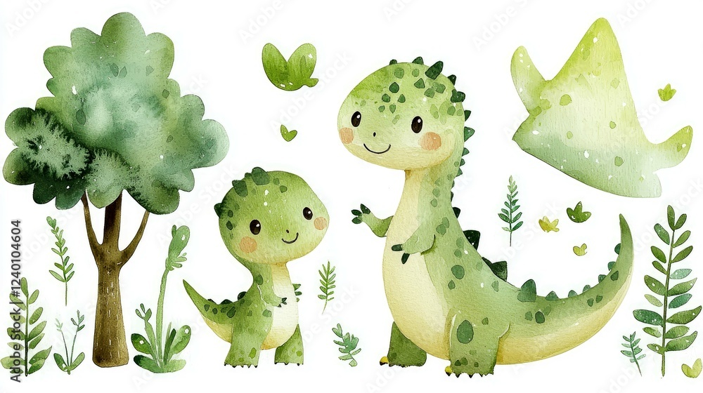 Naklejka premium Adorable Watercolor Dinosaurs Illustration: Cute Baby Dino Art Print