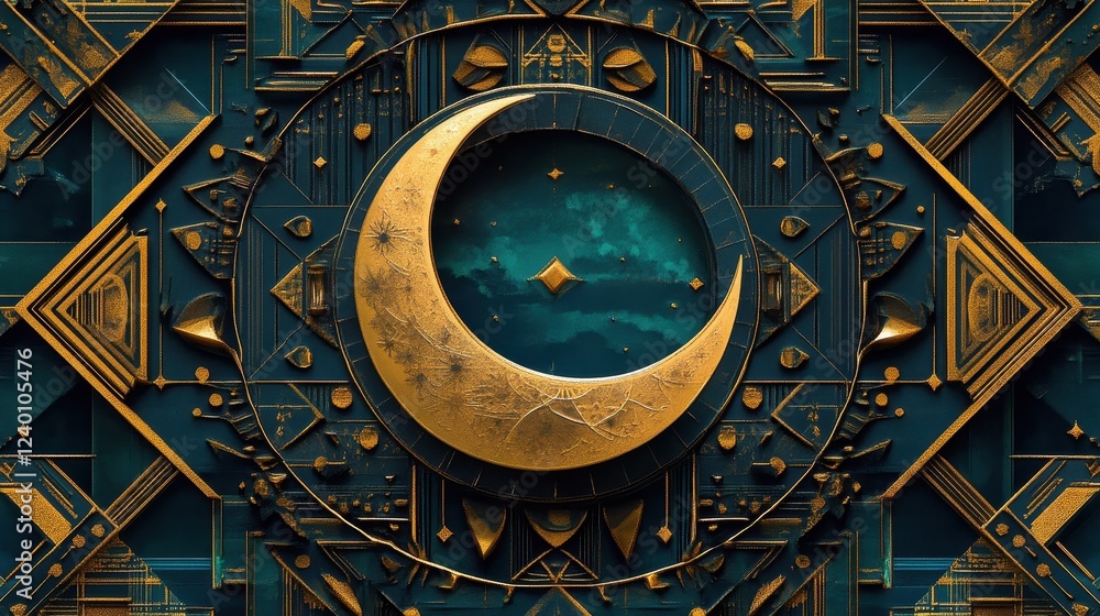 Fototapeta premium Golden Crescent Moon in Teal Geometric Mandala