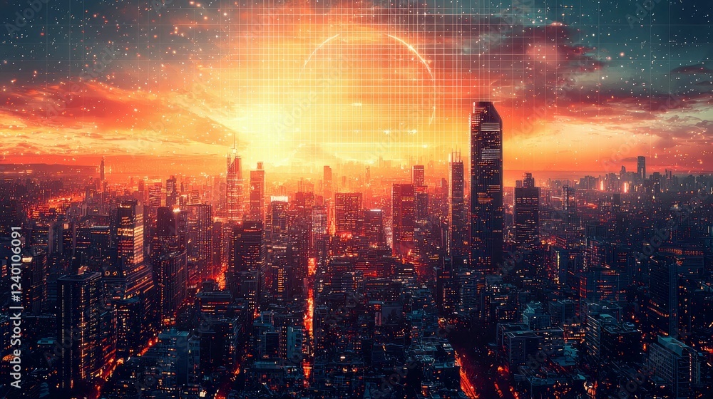 Fototapeta premium Futuristic Cityscape at Sunset: A breathtaking panorama of skyscrapers and city lights at dusk, creating a vibrant and dynamic urban scene.