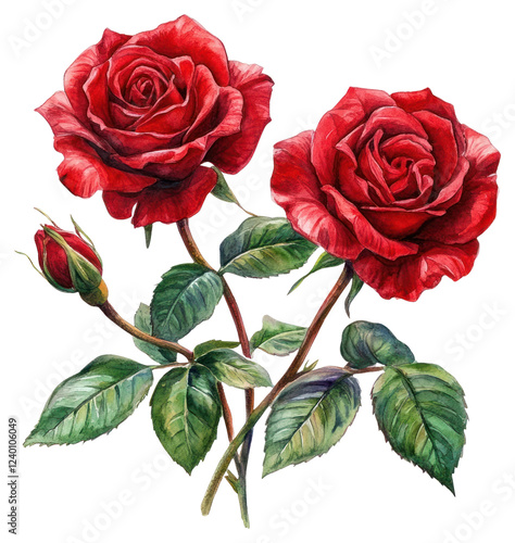 Fototapeta Naklejka Na Ścianę i Meble -  PNG A group of red two roses with leaves flower illustration vibrant.