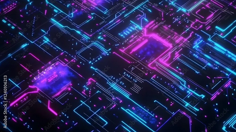 Futuristic circuit board illuminated by neon blue and purple lights, symbolizing digital innovation, advanced technology, and the cyber world. Abstract high-tech background representing artificial Futuristic circuit board illuminated by neon blue and purple lights, symbolizing digital innovation, advanced technology, and the cyber world. Abstract high-tech background representing artificial