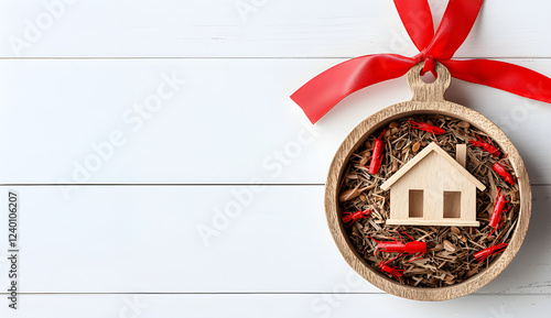 Home loan estate investment concept. A decorative ornament featuring a wooden house surrounded by natural materials and red accents, perfect for holiday themes.