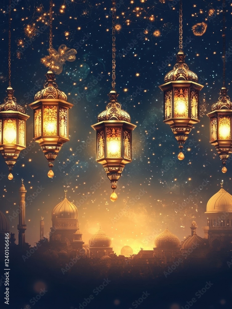 Obraz premium Golden Lanterns Glow Against a Night Sky Over a City