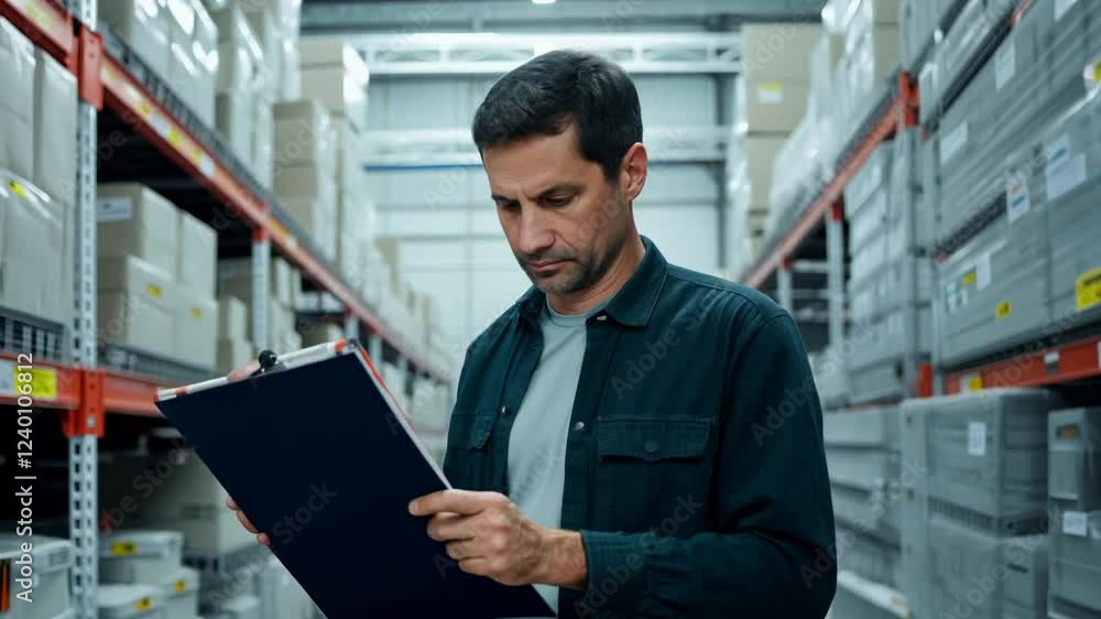 A middle-aged Caucasian man stands in a warehouse with a clipboard. Dressed for success, the man stands in the warehouse, clipboard in hand, overseeing operations. A middle-aged Caucasian man stands in a warehouse with a clipboard. Dressed for success, the man stands in the warehouse, clipboard in hand, overseeing operations.