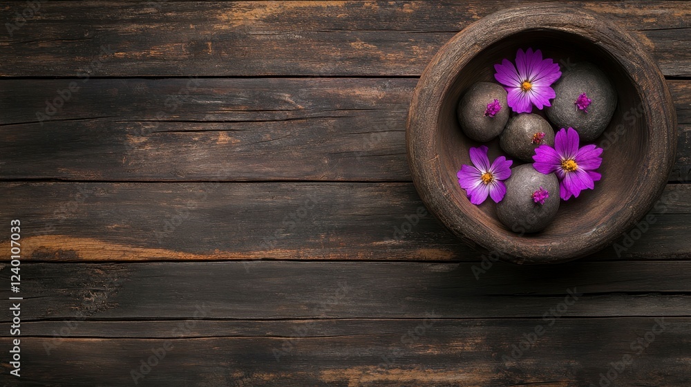 A serene arrangement of smooth stones and vibrant flowers in a wooden bowl on a rustic table, perfect for wellness and relaxation themes A serene arrangement of smooth stones and vibrant flowers in a wooden bowl on a rustic table, perfect for wellness and relaxation themes