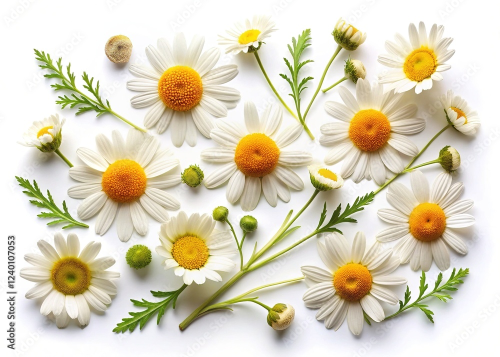 Obraz premium Chamomile Daisy Buds Flat Lay: White Background Floral Photography