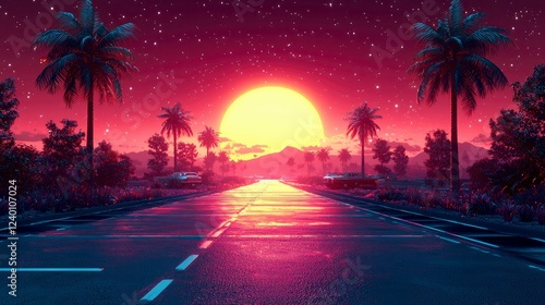 Vibrant Sunset Landscape: Palm Trees, Retro Cars on a Scenic Highway. A digital art piece depicting a breathtaking tropical sunset scene.