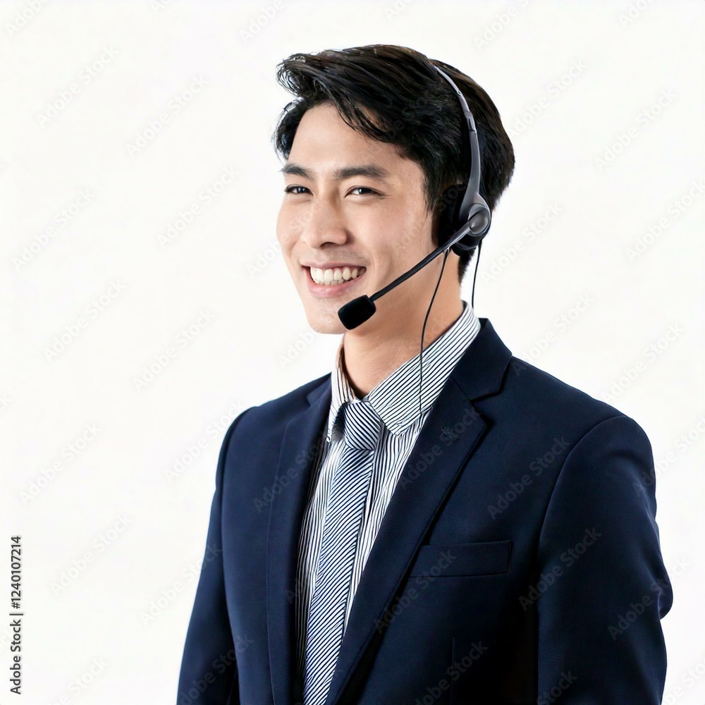A charming Asian male customer support agent, speaking to a customer through his headset with a friendly and upbeat attitude. A charming Asian male customer support agent, speaking to a customer through his headset with a friendly and upbeat attitude.