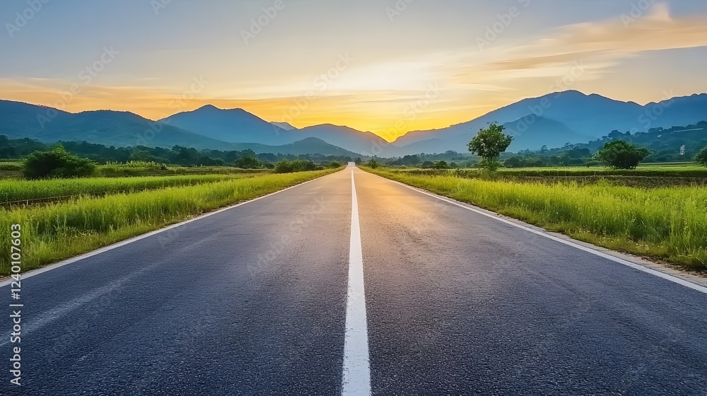 custom made wallpaper toronto digitalWide open road stretching into the horizon with a breathtaking sunset, symbolizing new beginnings, future possibilities, and success. Empty asphalt highway leading toward distant mountains bathed