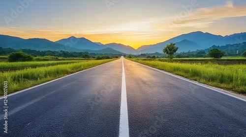Wide open road stretching into the horizon with a breathtaking sunset, symbolizing new beginnings, future possibilities, and success. Empty asphalt highway leading toward distant mountains bathed