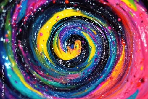 Vibrant swirling colors in a cosmic pattern, resembling a galaxy, with a dynamic flow of paint photo