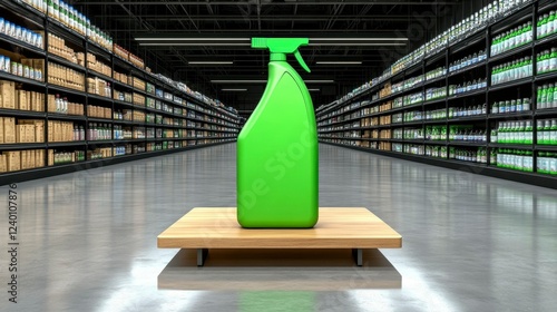 Bright green cleaning spray bottle displayed on a wooden platform in a modern grocery store aisle with well-organized shelves photo