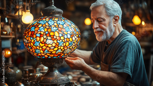 a man is holding a stained glass lamp photo