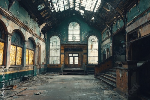 Abandoned train station interior slung derelict forsaken outcast photo