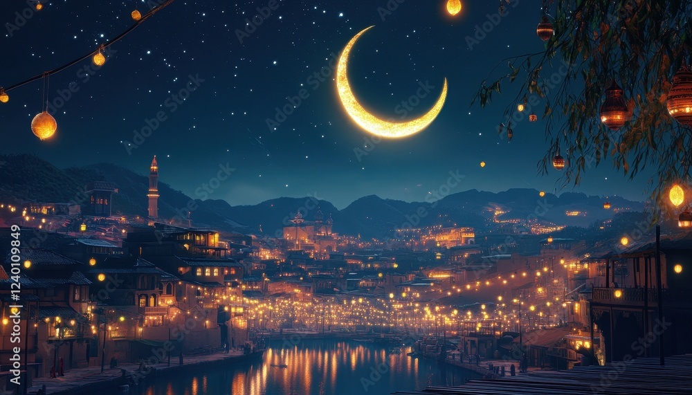 Magical Night in a City by the River with Crescent Moon and Stars Magical Night in a City by the River with Crescent Moon and Stars