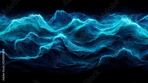 A stunning visualization of turbulent ocean waves illuminated by glowing blue light against a dark background