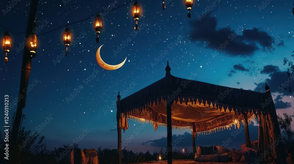 Fototapeta premium Magical Night Scene with Crescent Moon and Glowing Lanterns