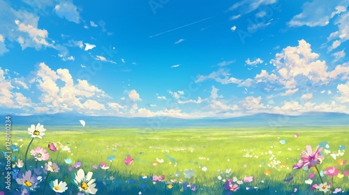 広がる青空と草原に咲く色鮮やかな花々｜春夏の爽やかな自然風景イラスト