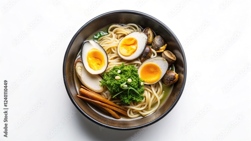 Minimalist Flat Lay: Oyster & Egg Ramen Bowl on White Minimalist Flat Lay: Oyster & Egg Ramen Bowl on White