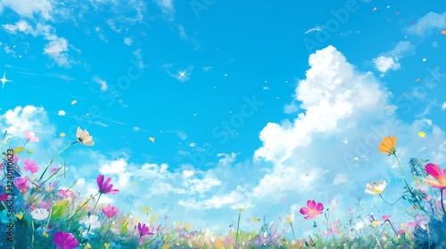 青空に舞う花びらと彩り豊かな花畑｜春夏の幻想的な自然風景イラスト