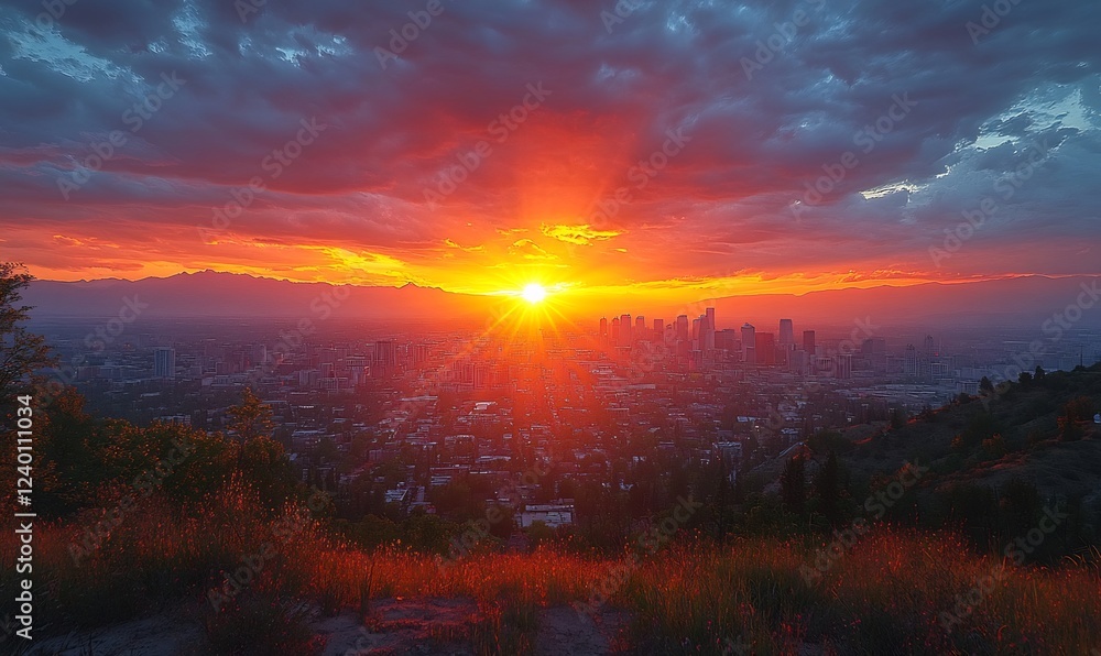 Obraz premium Fiery Sunset over City Skyline