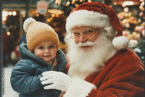 A child tentatively approaching Santa Claus at a mall, gripping their parent hand tightly photo