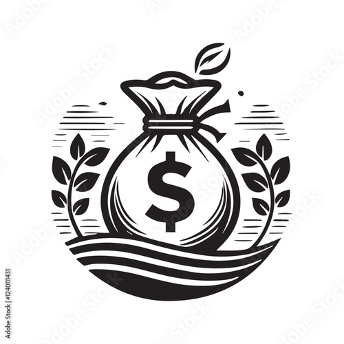 Black and White Money Bag Icon Set with Dollar Sign for Finance, Banking, Investment, and Business Concepts