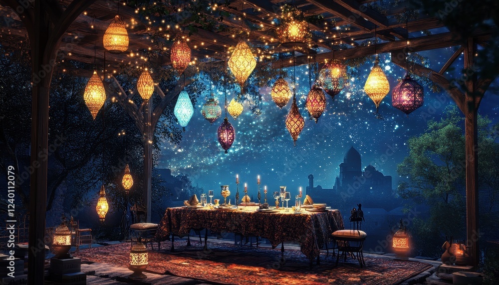 Obraz premium Magical Nighttime Dinner Setting with Glowing Lanterns and Falling Snow