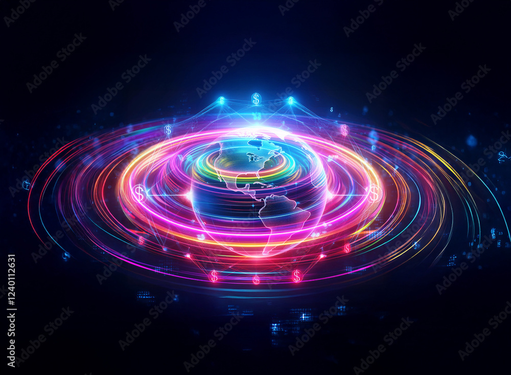 A vibrant double exposure image depicts a glowing Earth encircled by bright, multicolored rings of light, suggesting global connection and digital technology. A vibrant double exposure image depicts a glowing Earth encircled by bright, multicolored rings of light, suggesting global connection and digital technology.