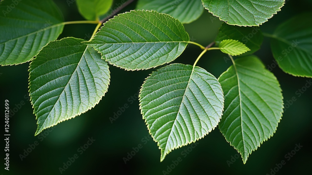 Lush green foliage with intricate leaf veins and serrated edges against a dark background Lush green foliage with intricate leaf veins and serrated edges against a dark background