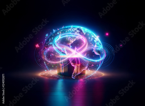 Wallpaper Mural A mesmerizing double exposure image: a glowing orb, resembling Earth, encircled by vibrant energy streams.  Surrounding particles add to the ethereal, futuristic effect. Torontodigital.ca