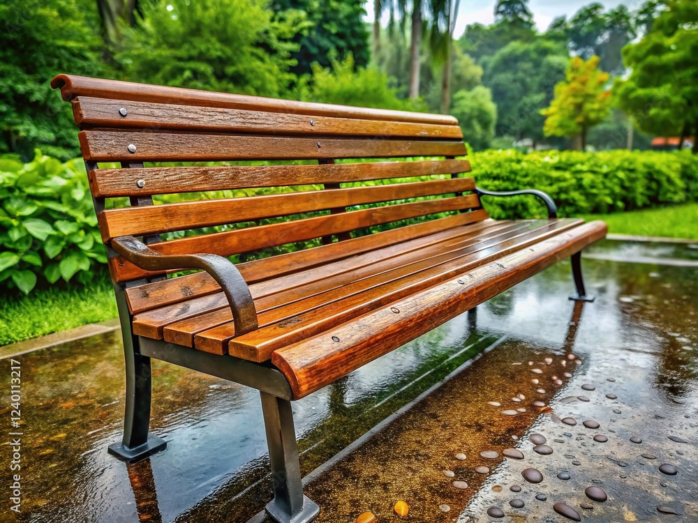 Silhouette of Wet Wooden Bench at Dusk - Dramatic Stock Photo