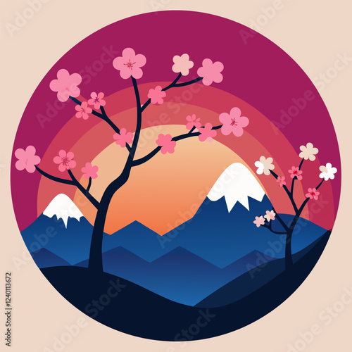 Sakura blossoms against the backdrop of vector of mountains and sunrise.