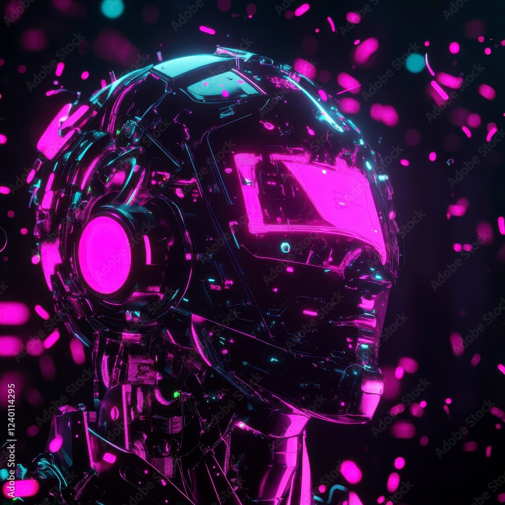 Fototapeta premium Futuristic robotic head with vibrant neon elements and abstract energy particles surrounding it