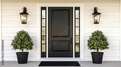 Wallpaper Mural Elegant black front door with sidelights and symmetrical potted plants on a white porch Torontodigital.ca