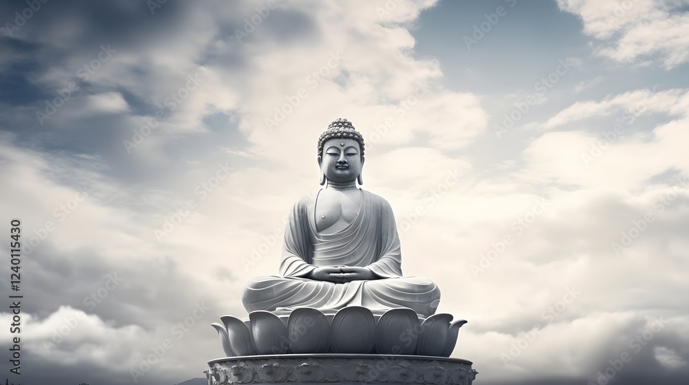 Fototapeta premium Majestic outdoor Buddha statue framed by a dramatic cloudy moody sky The large serene figure sits in a peaceful contemplative pose amidst the natural spiritual landscape