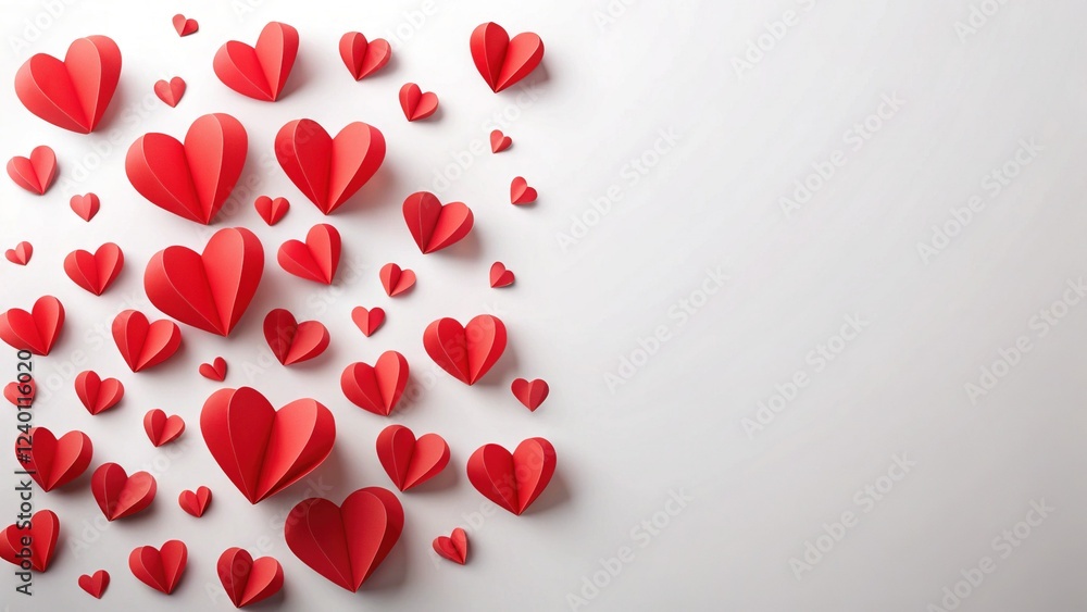 Valentine's Day: Flying Red Paper Hearts on White Background - Love Symbol with Copy Space Valentine's Day: Flying Red Paper Hearts on White Background - Love Symbol with Copy Space