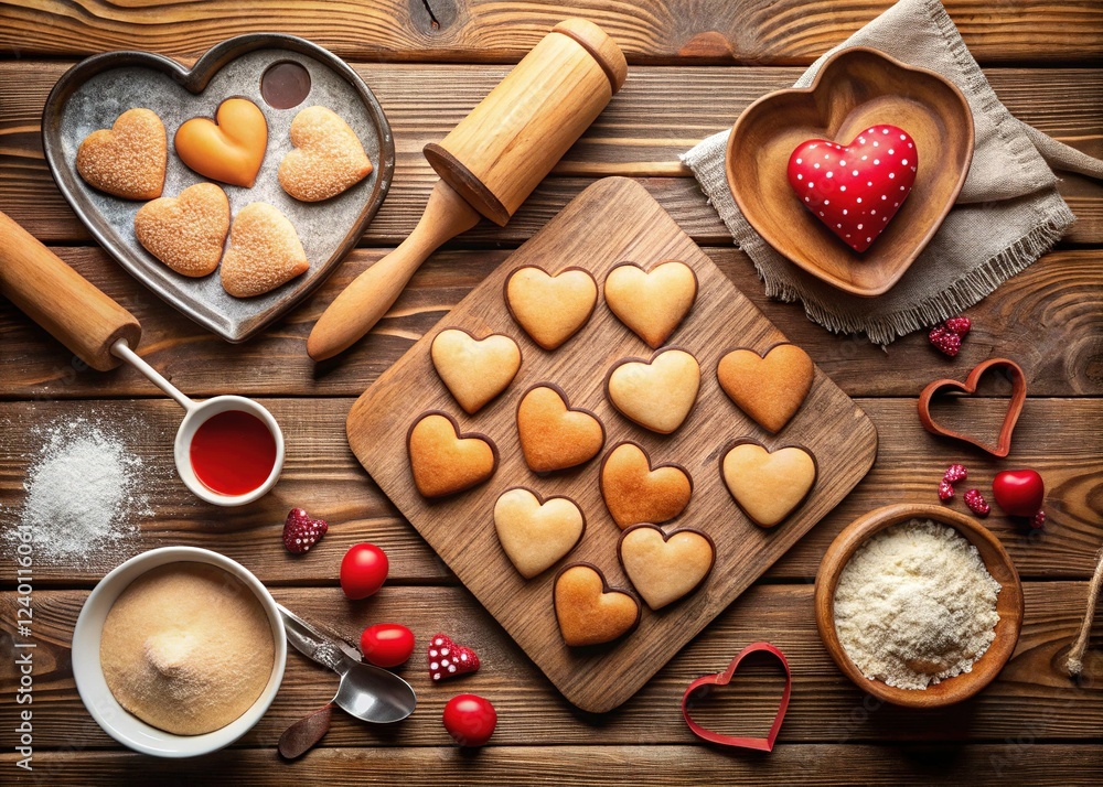 Valentine's Day Baking: Heart-Shaped Cookies & Culinary Ingredients on Rustic Wood Valentine's Day Baking: Heart-Shaped Cookies & Culinary Ingredients on Rustic Wood