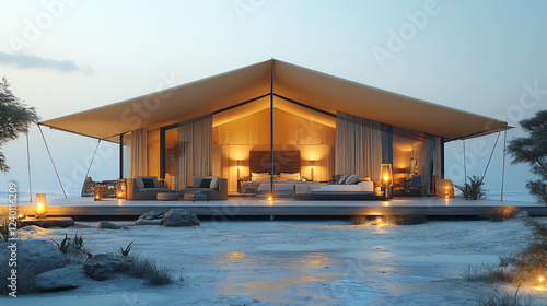 a large tent with a bed and a table