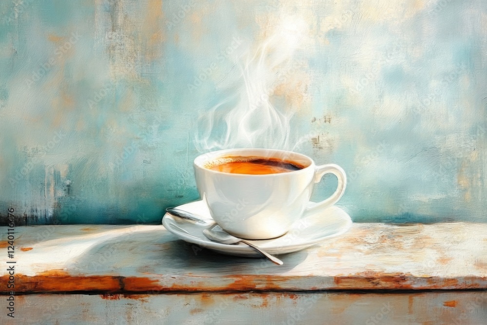 Fototapeta premium A hyper-realistic close-up of a cup filled to the brim with coffee, capturing the details of the steam rising, symbolizing sufficiency for a productive day