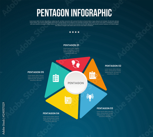 pentagon base shape template infographic with unbalance pentagon shape with circle on center with dark background style for slide presentation