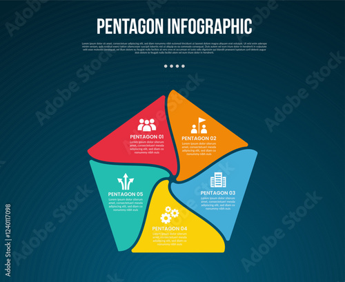 pentagon base shape template infographic with creative swirl separation from center with dark background style for slide presentation