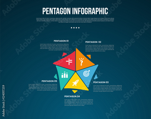 pentagon base shape template infographic with piechart distance with small arrow direction with dark background style for slide presentation